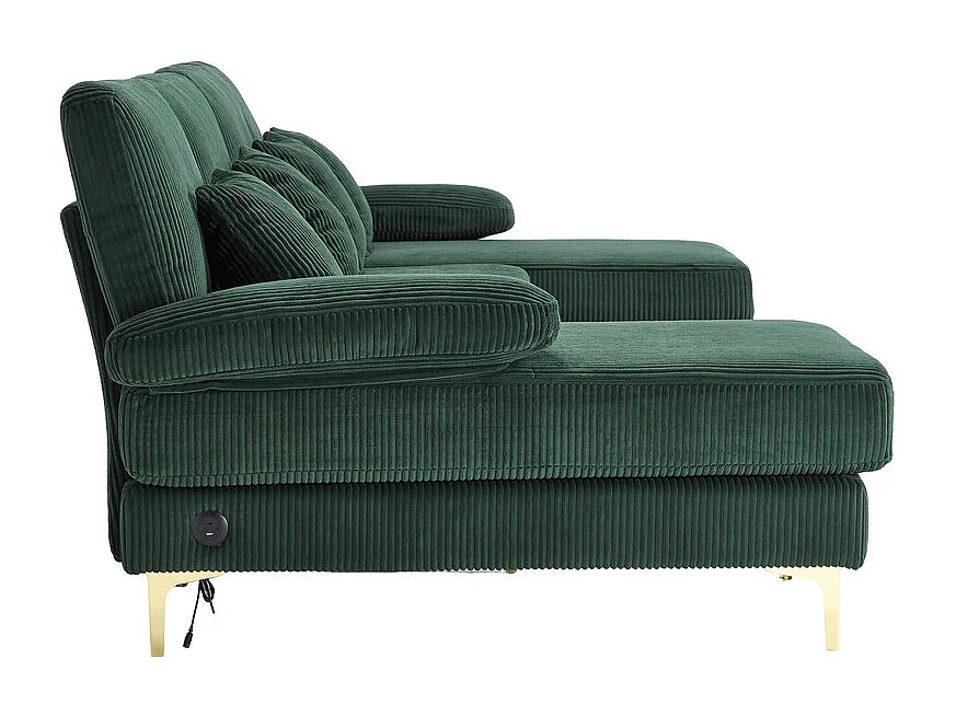 Sofá de canto panorâmico em veludo - 4 lugares - com LED RGB e porta USB+Type-C - 265x135x88cm - Verde