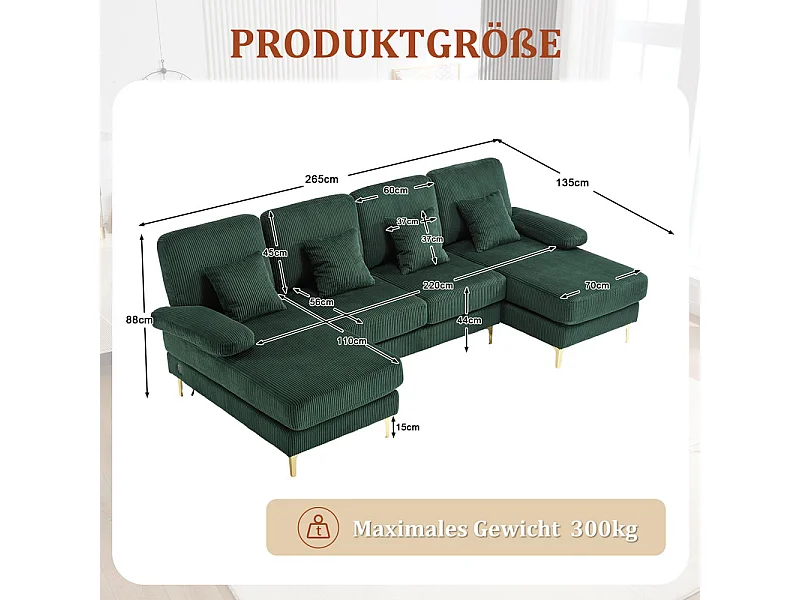 Canapé d'angle panoramique en velours - 4 places - avec LED RGB et Port USB+Type-C - 265x135x88cm - Vert