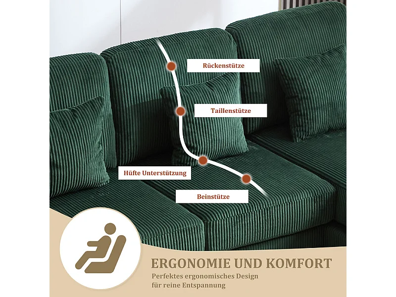 Canapé d'angle panoramique en velours - 4 places - avec LED RGB et Port USB+Type-C - 265x135x88cm - Vert