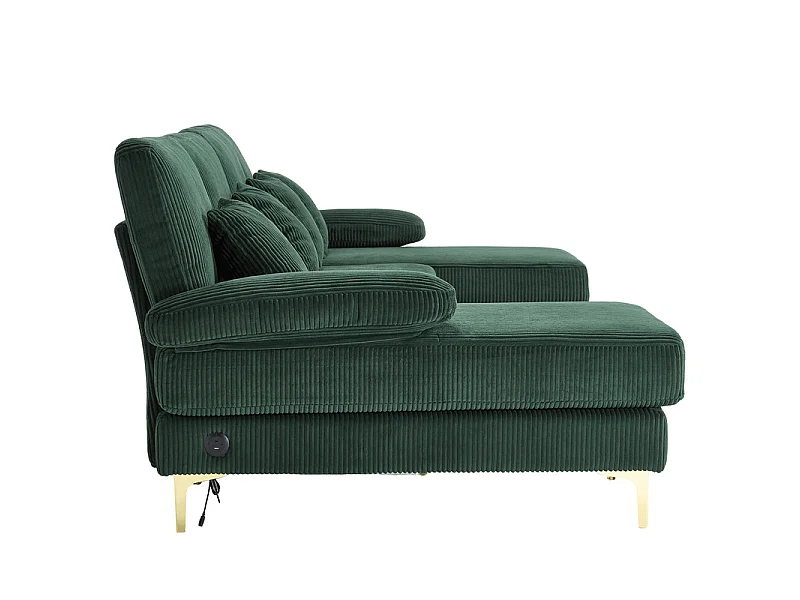 Canapé d'angle panoramique en velours - 4 places - avec LED RGB et Port USB+Type-C - 265x135x88cm - Vert