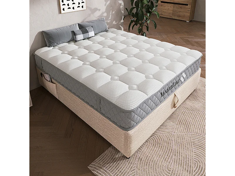 Matelas mousse froide 160x200 cm ressorts ensachés 7 zones fermeté H3 moyen 20 cm 4 poignées emballage sous vide