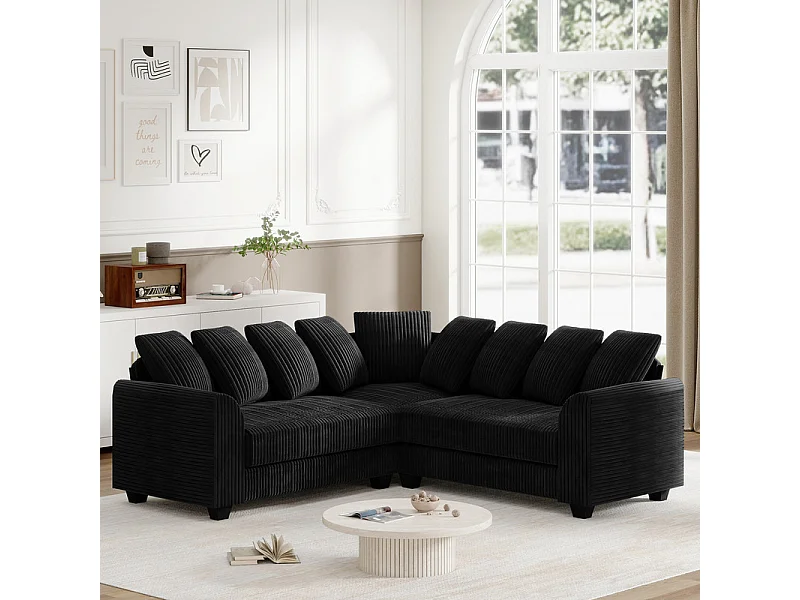 Sofá modular de canto em veludo cotelê 5 lugares, com 9 almofadas, 83 cm de profundidade de assento extra grande, Preto