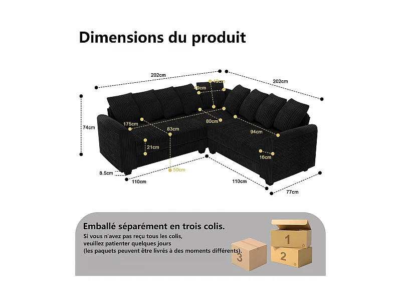 Canapé d'angle modulable en velours côtelé 5 places, avec 9 oreillers, 83 cm super grande profondeur d’assise, Noir