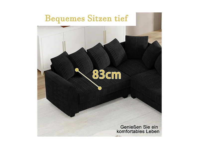 Canapé d'angle modulable en velours côtelé 5 places, avec 9 oreillers, 83 cm super grande profondeur d’assise, Noir