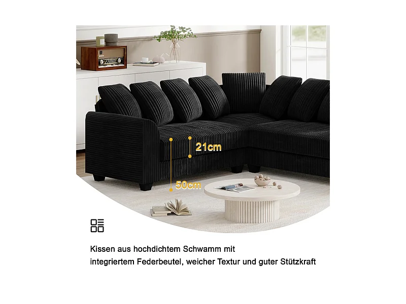 Canapé d'angle modulable en velours côtelé 5 places, avec 9 oreillers, 83 cm super grande profondeur d’assise, Noir