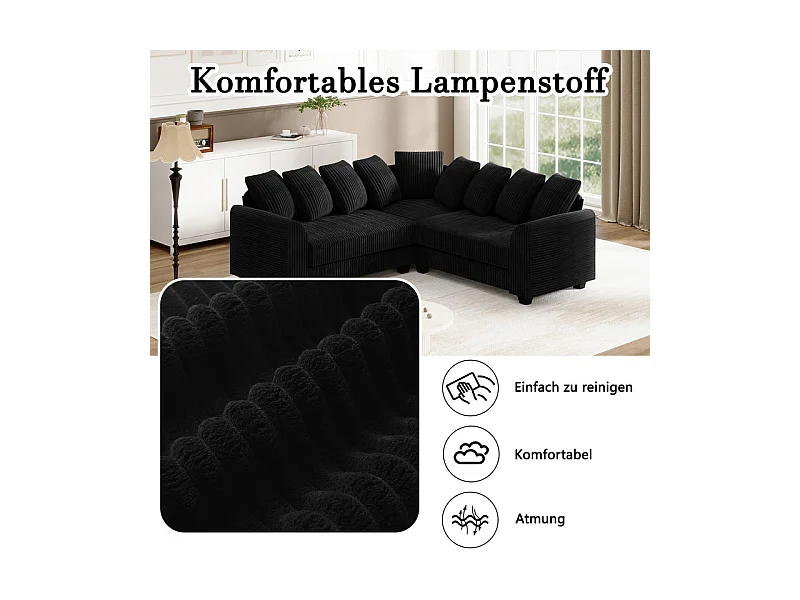Canapé d'angle modulable en velours côtelé 5 places, avec 9 oreillers, 83 cm super grande profondeur d’assise, Noir