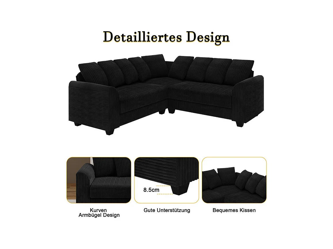 Canapé d'angle modulable en velours côtelé 5 places, avec 9 oreillers, 83 cm super grande profondeur d’assise, Noir