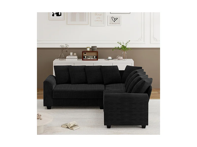 Canapé d'angle modulable en velours côtelé 5 places, avec 9 oreillers, 83 cm super grande profondeur d’assise, Noir