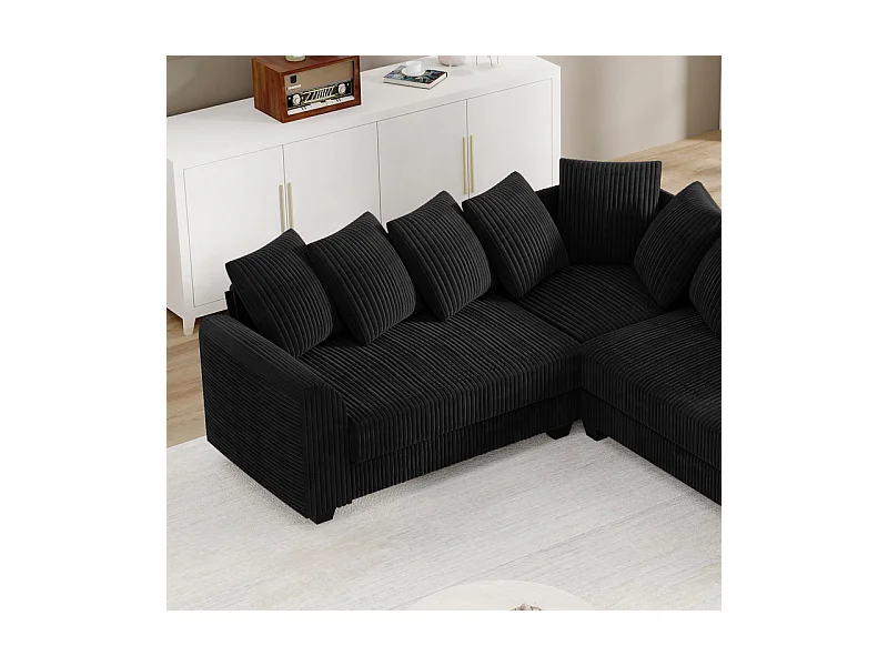 Canapé d'angle modulable en velours côtelé 5 places, avec 9 oreillers, 83 cm super grande profondeur d’assise, Noir