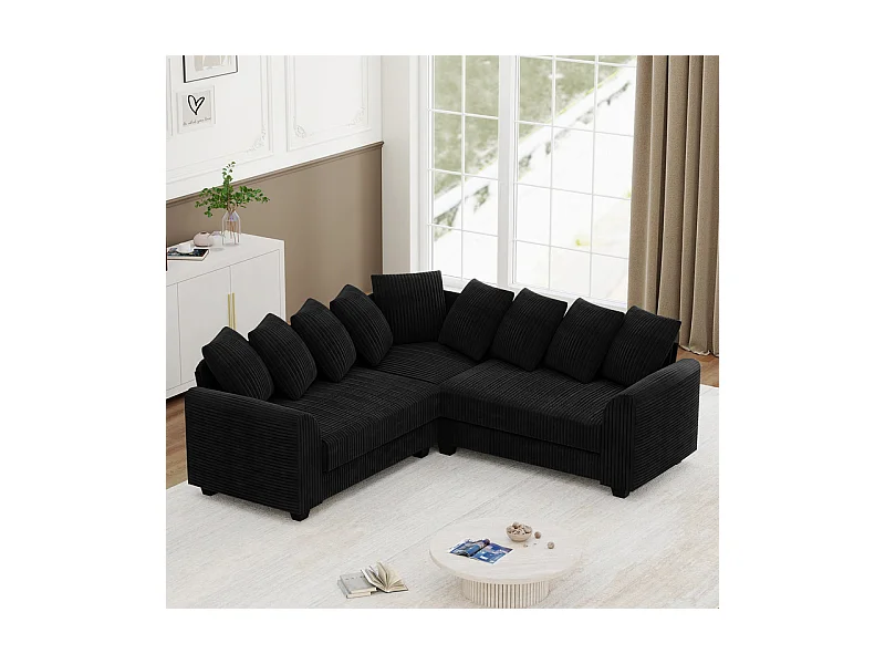 Canapé d'angle modulable en velours côtelé 5 places, avec 9 oreillers, 83 cm super grande profondeur d’assise, Noir