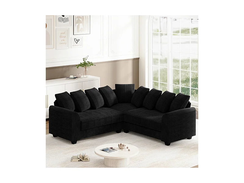 Canapé d'angle modulable en velours côtelé 5 places, avec 9 oreillers, 83 cm super grande profondeur d’assise, Noir