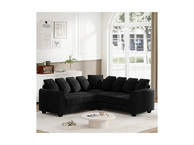 Modulare Eckcouch aus Cordstoff für 5 Personen, mit 9 Kissen, 83 cm super große Sitzfläche, Schwarz