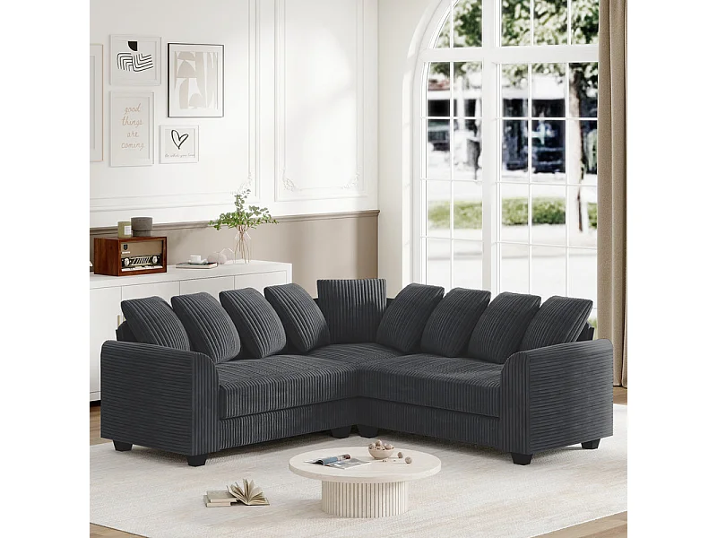 Canapé d'angle modulable en velours côtelé 5 places, avec 9 oreillers, 83 cm super grande profondeur d’assise, Gris