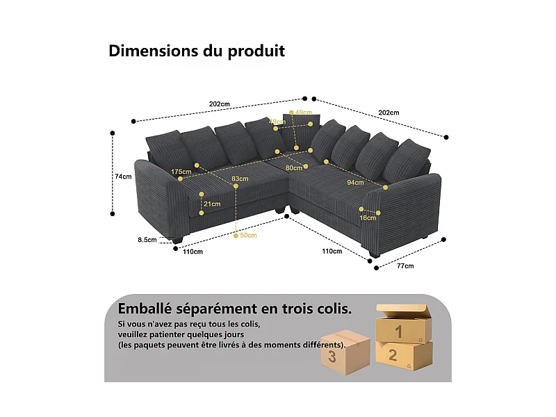 Canapé d'angle modulable en velours côtelé 5 places, avec 9 oreillers, 83 cm super grande profondeur d’assise, Gris