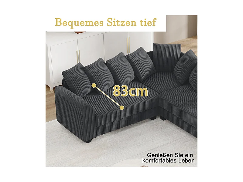 Canapé d'angle modulable en velours côtelé 5 places, avec 9 oreillers, 83 cm super grande profondeur d’assise, Gris