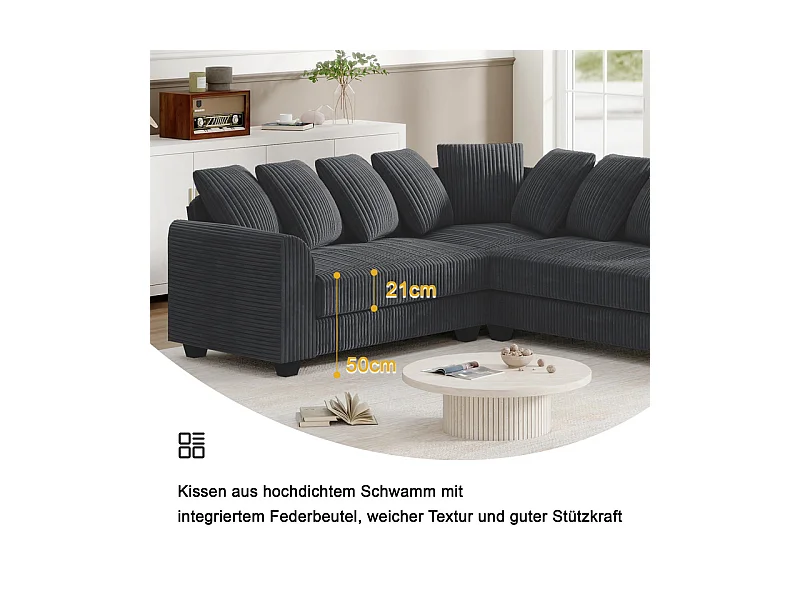 Canapé d'angle modulable en velours côtelé 5 places, avec 9 oreillers, 83 cm super grande profondeur d’assise, Gris
