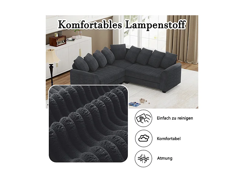 Canapé d'angle modulable en velours côtelé 5 places, avec 9 oreillers, 83 cm super grande profondeur d’assise, Gris