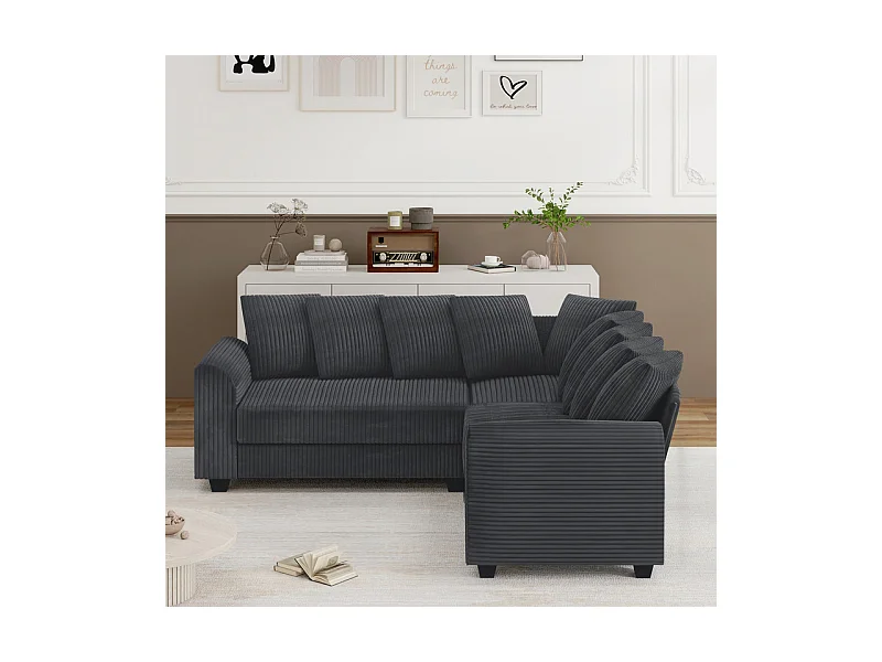 Canapé d'angle modulable en velours côtelé 5 places, avec 9 oreillers, 83 cm super grande profondeur d’assise, Gris