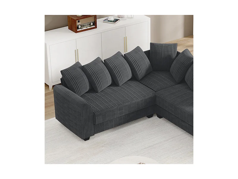 Canapé d'angle modulable en velours côtelé 5 places, avec 9 oreillers, 83 cm super grande profondeur d’assise, Gris