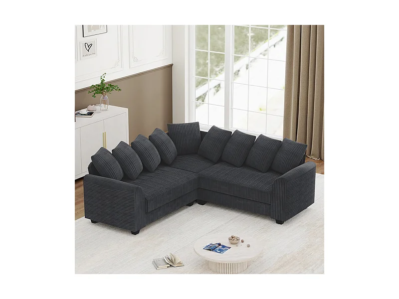 Canapé d'angle modulable en velours côtelé 5 places, avec 9 oreillers, 83 cm super grande profondeur d’assise, Gris
