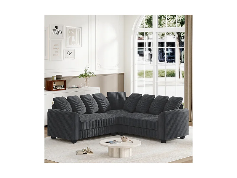 Modulare Eckcouch aus Cordstoff für 5 Personen, mit 9 Kissen, 83 cm super große Sitzfläche, Grau
