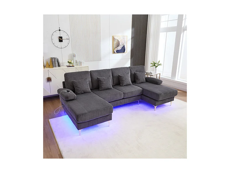 Canapé d'angle panoramique en velours - 4 places - avec LED RGB et Port USB+Type-C - 265x135x88cm - Gris