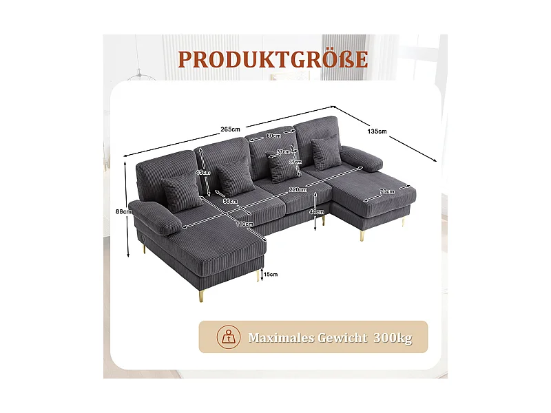 Canapé d'angle panoramique en velours - 4 places - avec LED RGB et Port USB+Type-C - 265x135x88cm - Gris