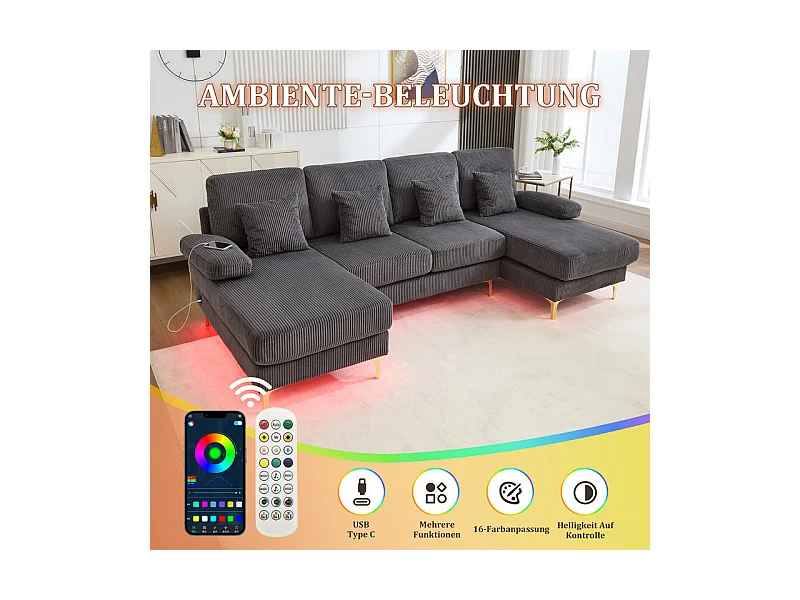 Canapé d'angle panoramique en velours - 4 places - avec LED RGB et Port USB+Type-C - 265x135x88cm - Gris