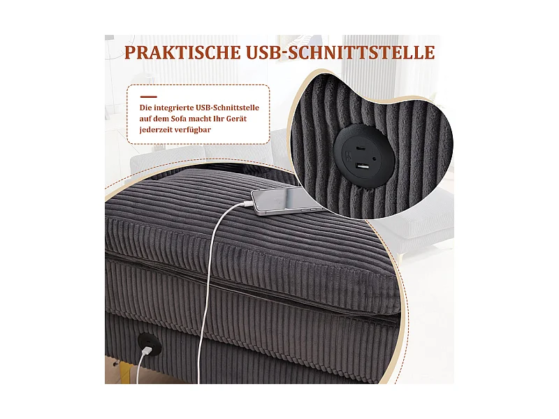 Canapé d'angle panoramique en velours - 4 places - avec LED RGB et Port USB+Type-C - 265x135x88cm - Gris