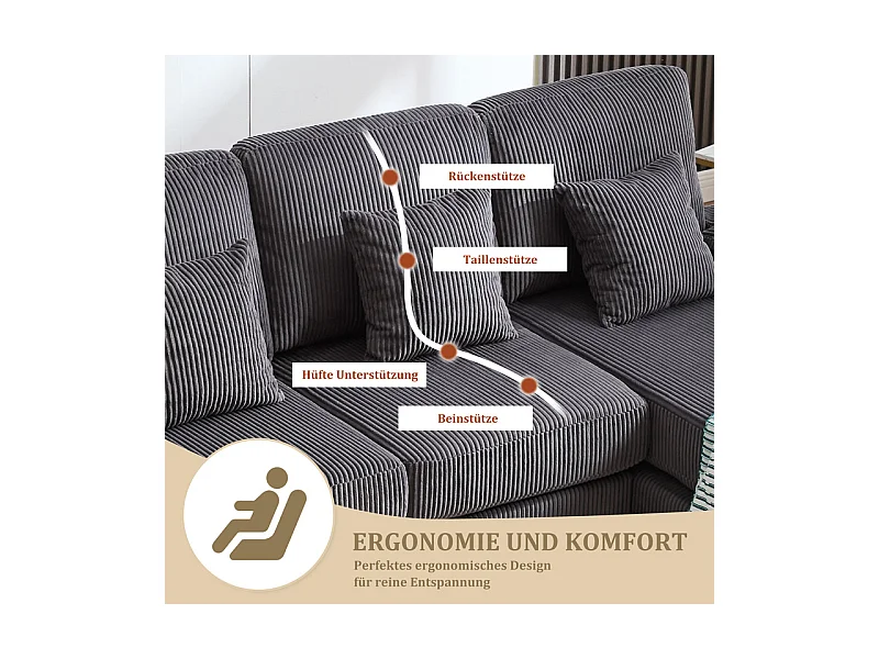 Canapé d'angle panoramique en velours - 4 places - avec LED RGB et Port USB+Type-C - 265x135x88cm - Gris