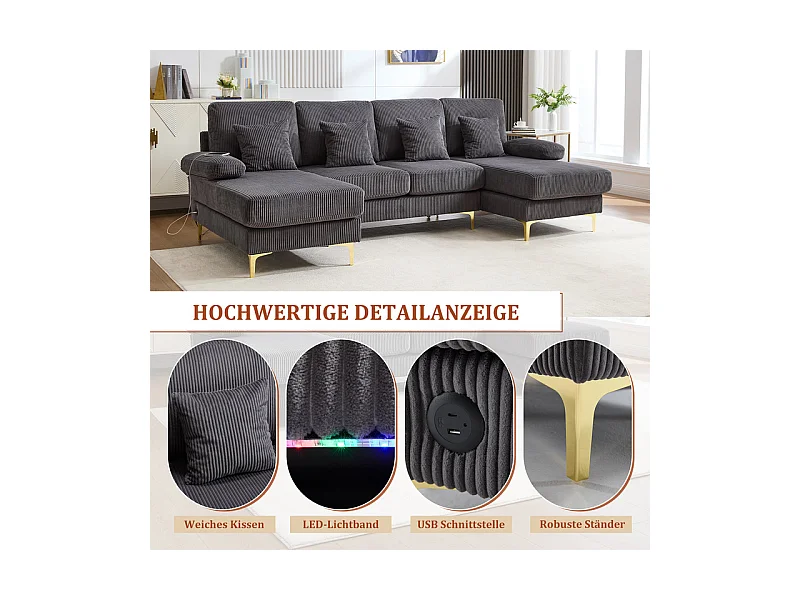 Canapé d'angle panoramique en velours - 4 places - avec LED RGB et Port USB+Type-C - 265x135x88cm - Gris