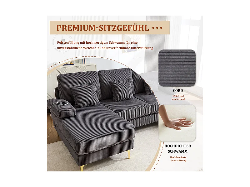 Canapé d'angle panoramique en velours - 4 places - avec LED RGB et Port USB+Type-C - 265x135x88cm - Gris