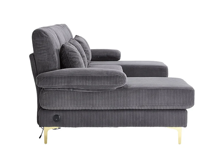 Canapé d'angle panoramique en velours - 4 places - avec LED RGB et Port USB+Type-C - 265x135x88cm - Gris