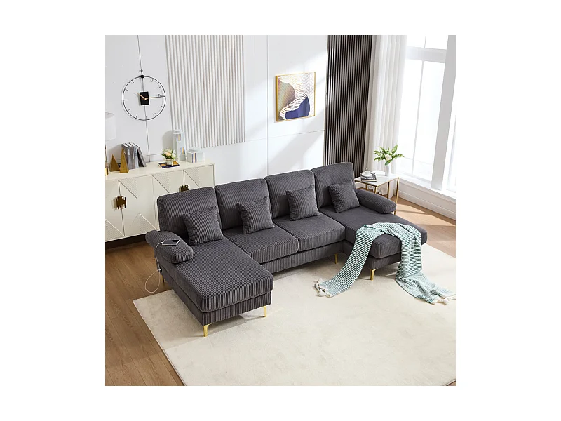 Canapé d'angle panoramique en velours - 4 places - avec LED RGB et Port USB+Type-C - 265x135x88cm - Gris