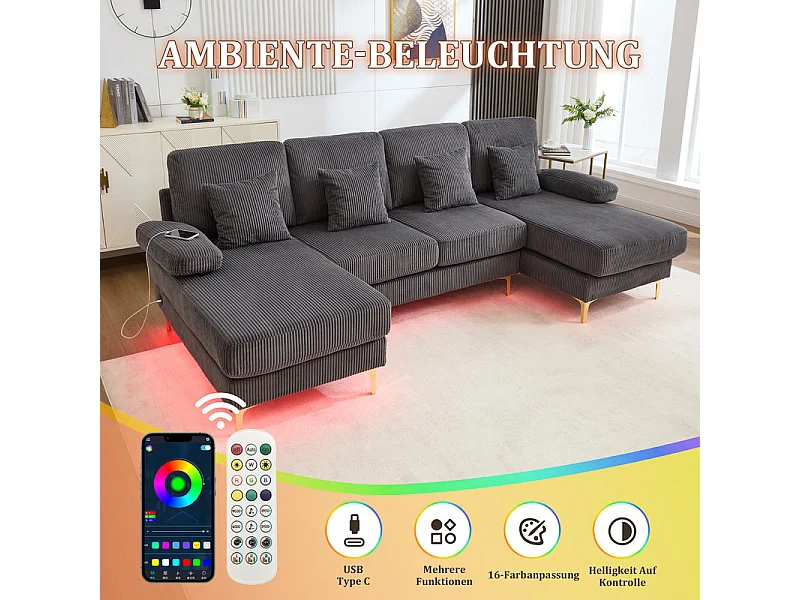 Sofá de canto panorâmico em veludo - 4 lugares - com LED RGB e porta USB+Type-C - 265x135x88cm - Cinza