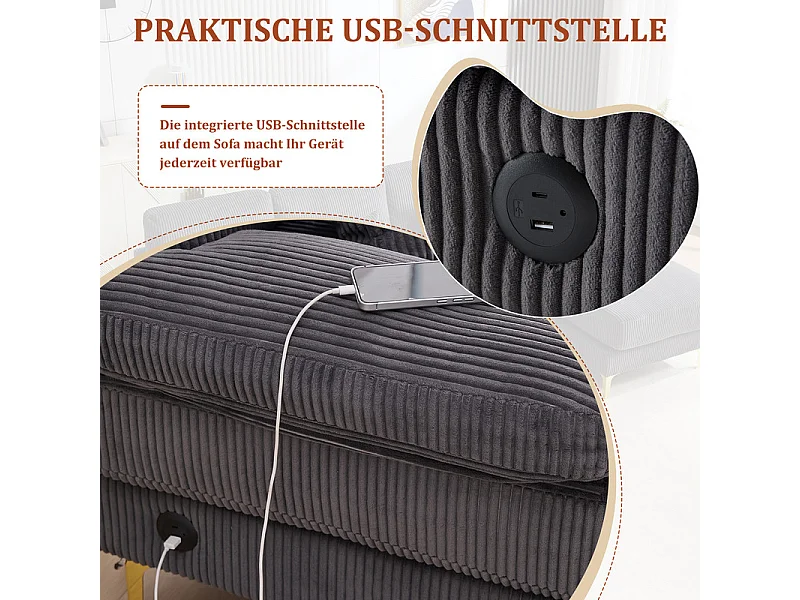 Sofá de canto panorâmico em veludo - 4 lugares - com LED RGB e porta USB+Type-C - 265x135x88cm - Cinza