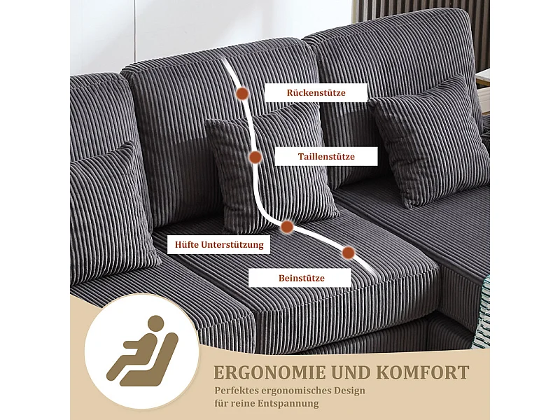 Sofá de canto panorâmico em veludo - 4 lugares - com LED RGB e porta USB+Type-C - 265x135x88cm - Cinza