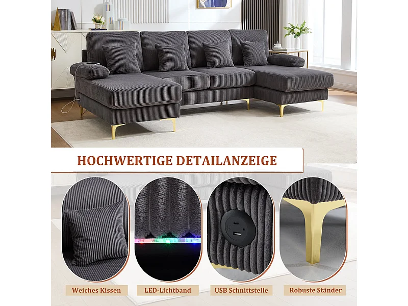 Sofá de canto panorâmico em veludo - 4 lugares - com LED RGB e porta USB+Type-C - 265x135x88cm - Cinza