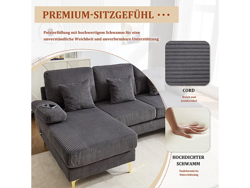 Sofá de canto panorâmico em veludo - 4 lugares - com LED RGB e porta USB+Type-C - 265x135x88cm - Cinza