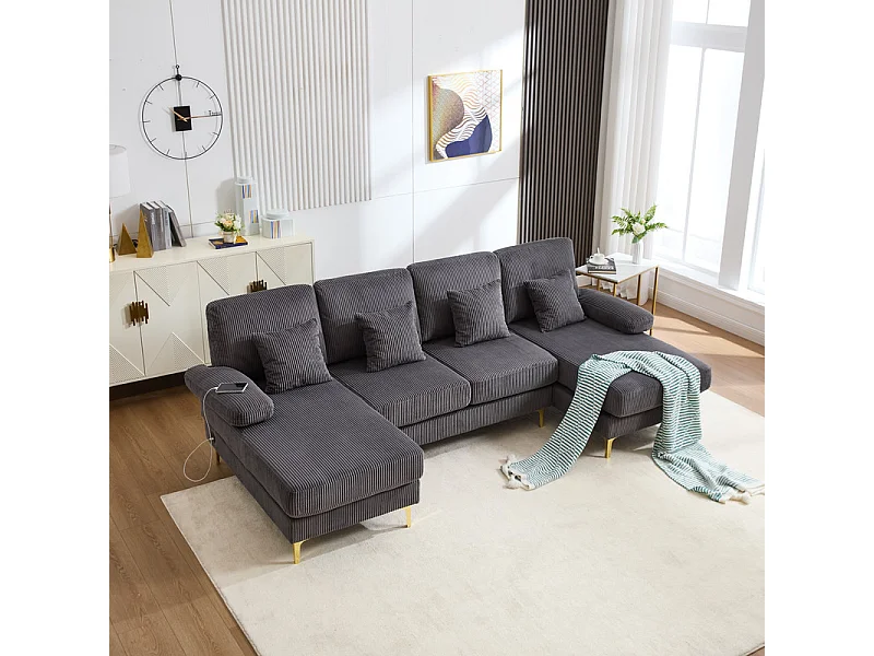 Sofá de canto panorâmico em veludo - 4 lugares - com LED RGB e porta USB+Type-C - 265x135x88cm - Cinza