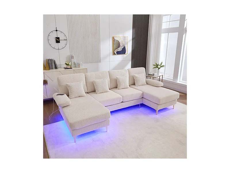 Canapé d'angle panoramique en velours - 4 places - avec LED RGB et Port USB+Type-C - 265x135x88cm - Beige