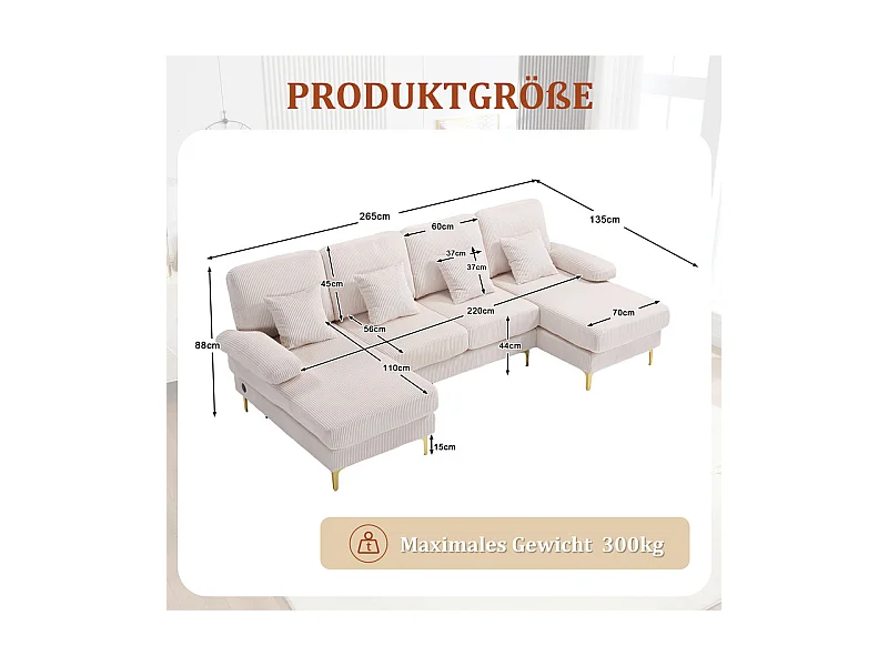 Canapé d'angle panoramique en velours - 4 places - avec LED RGB et Port USB+Type-C - 265x135x88cm - Beige