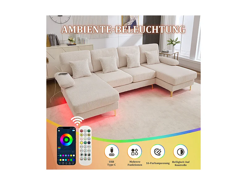 Canapé d'angle panoramique en velours - 4 places - avec LED RGB et Port USB+Type-C - 265x135x88cm - Beige