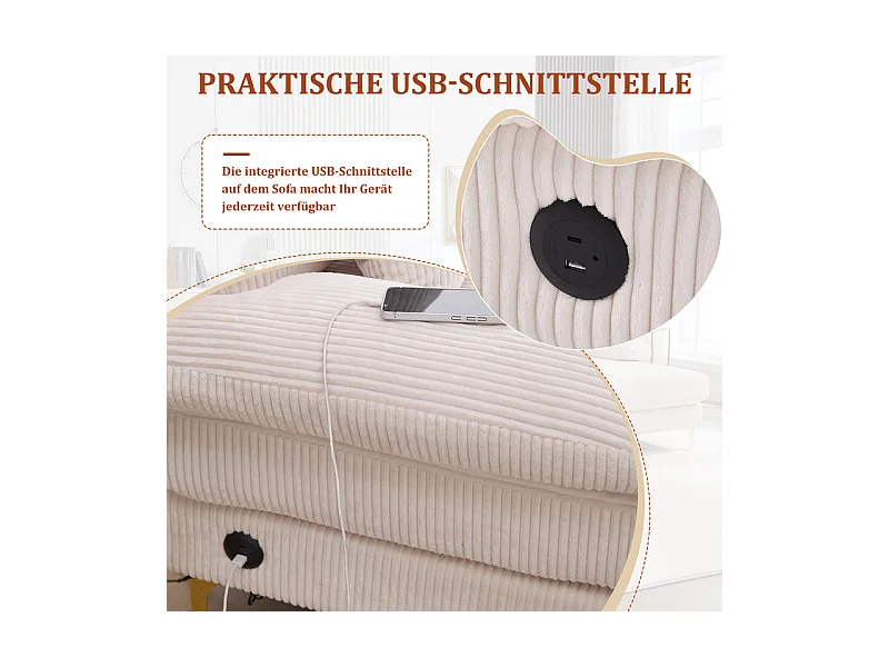 Canapé d'angle panoramique en velours - 4 places - avec LED RGB et Port USB+Type-C - 265x135x88cm - Beige