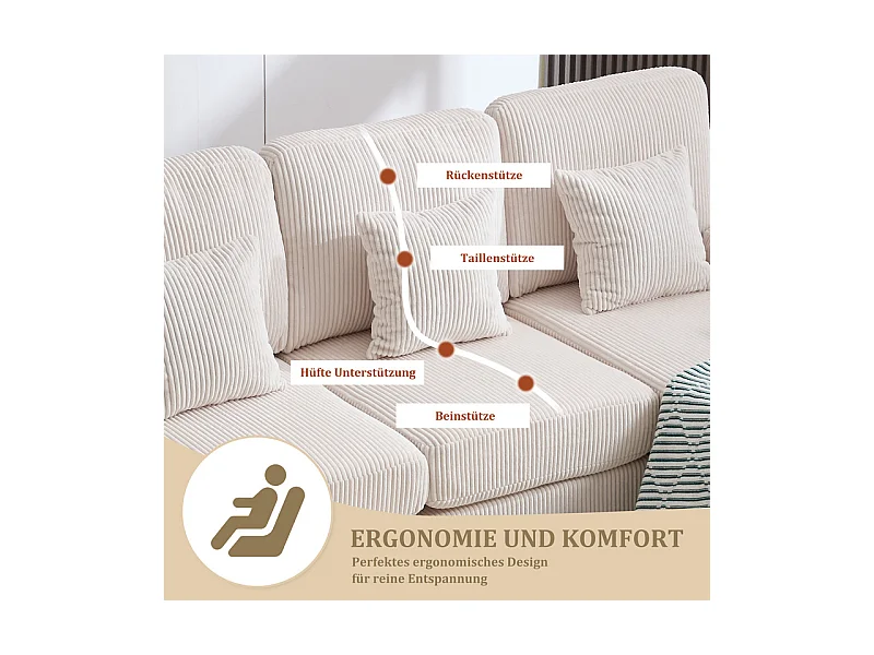 Canapé d'angle panoramique en velours - 4 places - avec LED RGB et Port USB+Type-C - 265x135x88cm - Beige