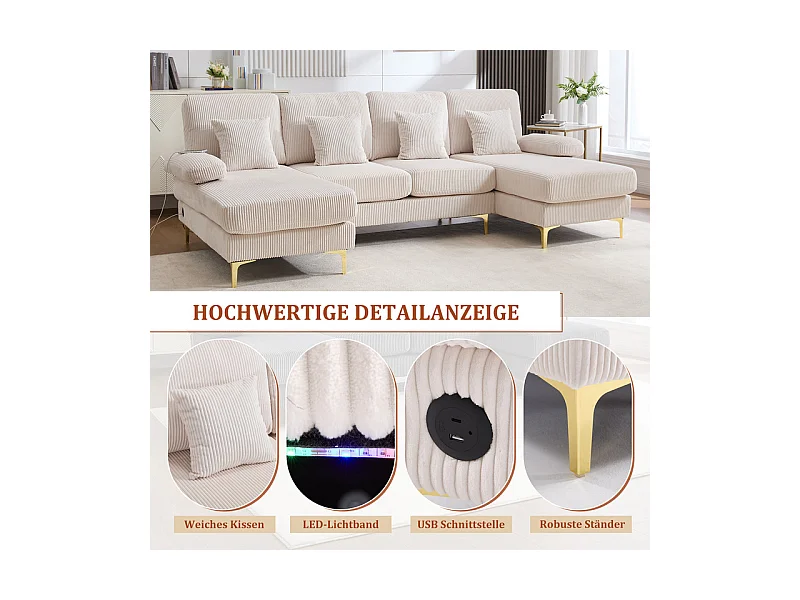 Canapé d'angle panoramique en velours - 4 places - avec LED RGB et Port USB+Type-C - 265x135x88cm - Beige