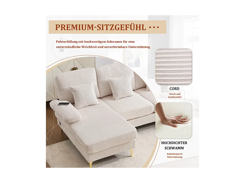 Canapé d'angle panoramique en velours - 4 places - avec LED RGB et Port USB+Type-C - 265x135x88cm - Beige