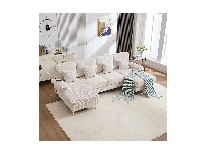 Canapé d'angle panoramique en velours - 4 places - avec LED RGB et Port USB+Type-C - 265x135x88cm - Beige