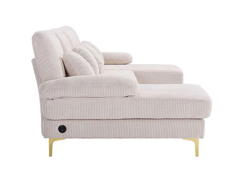 Canapé d'angle panoramique en velours - 4 places - avec LED RGB et Port USB+Type-C - 265x135x88cm - Beige