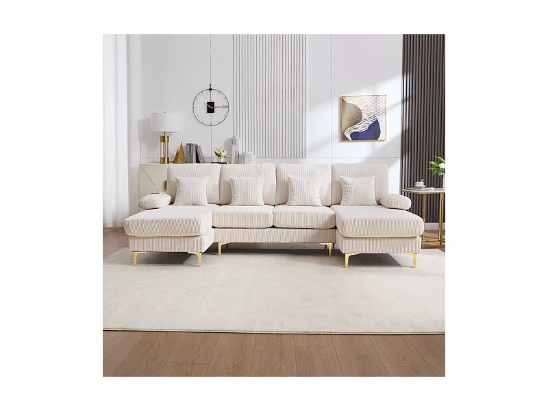 Canapé d'angle panoramique en velours - 4 places - avec LED RGB et Port USB+Type-C - 265x135x88cm - Beige